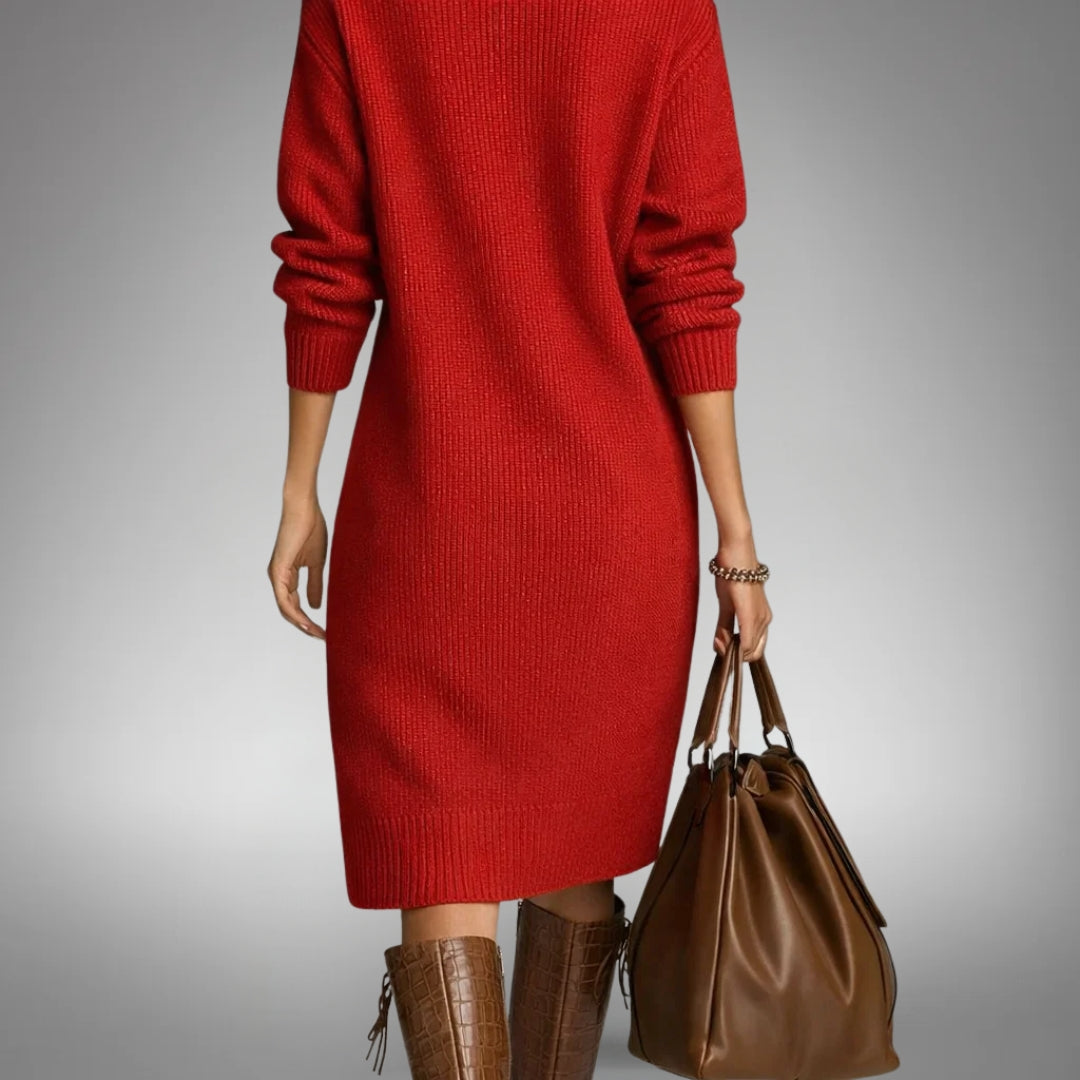 Women's Oversized Knit Midi Dress, Button Neck and Pockets