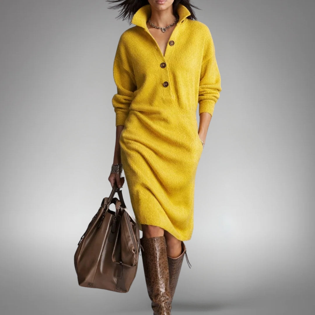 Women's Oversized Knit Midi Dress, Button Neck and Pockets
