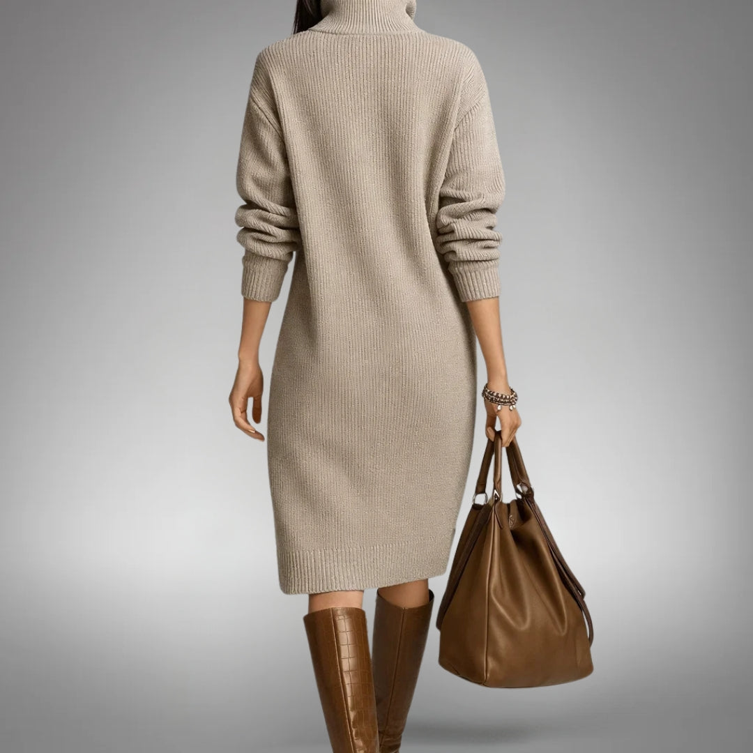 Women's Oversized Knit Midi Dress, Button Neck and Pockets