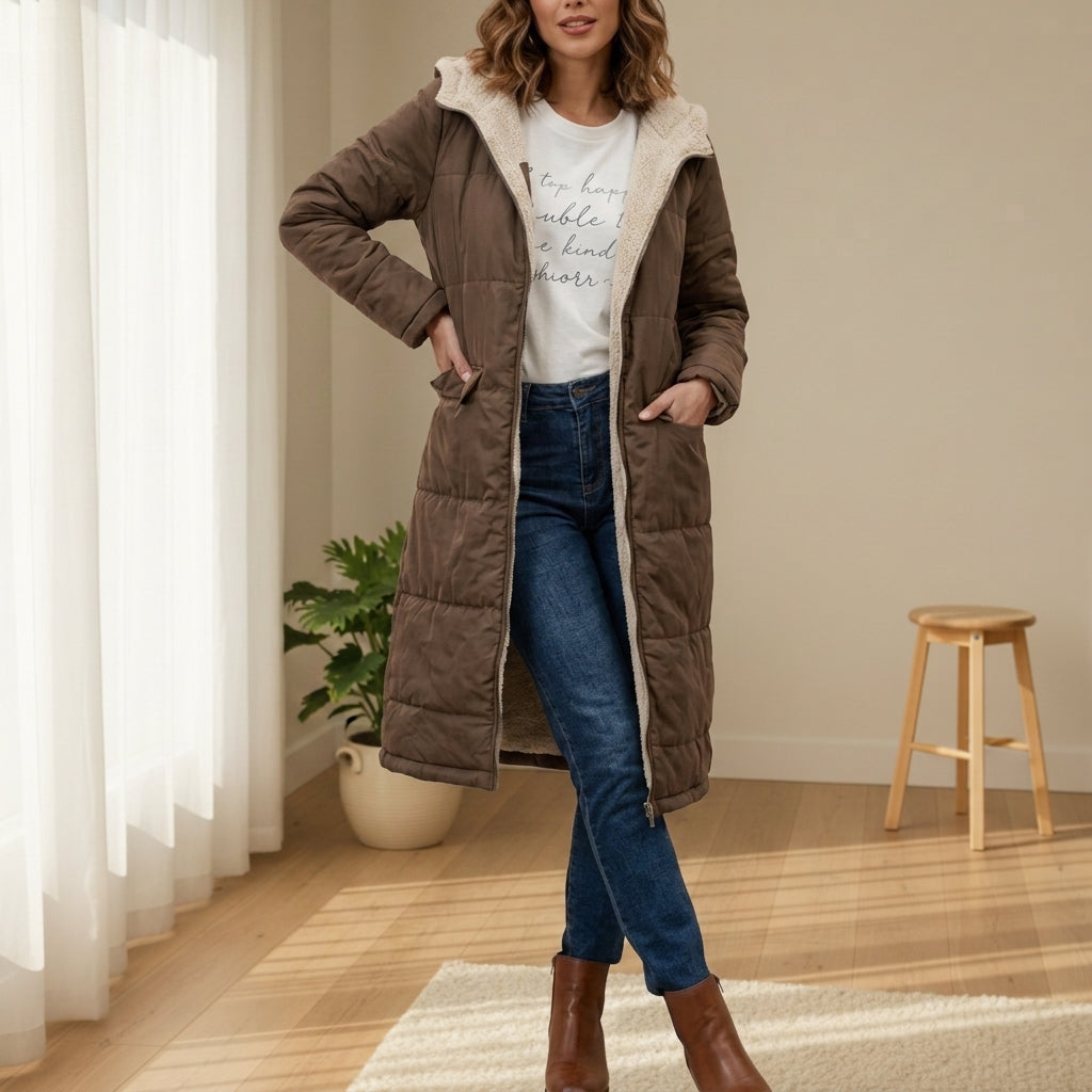 Women's Long Puffer Coat – Quilted Sherpa Hood