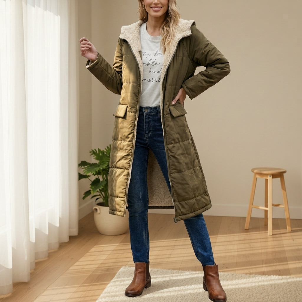Women's Long Puffer Coat – Quilted Sherpa Hood