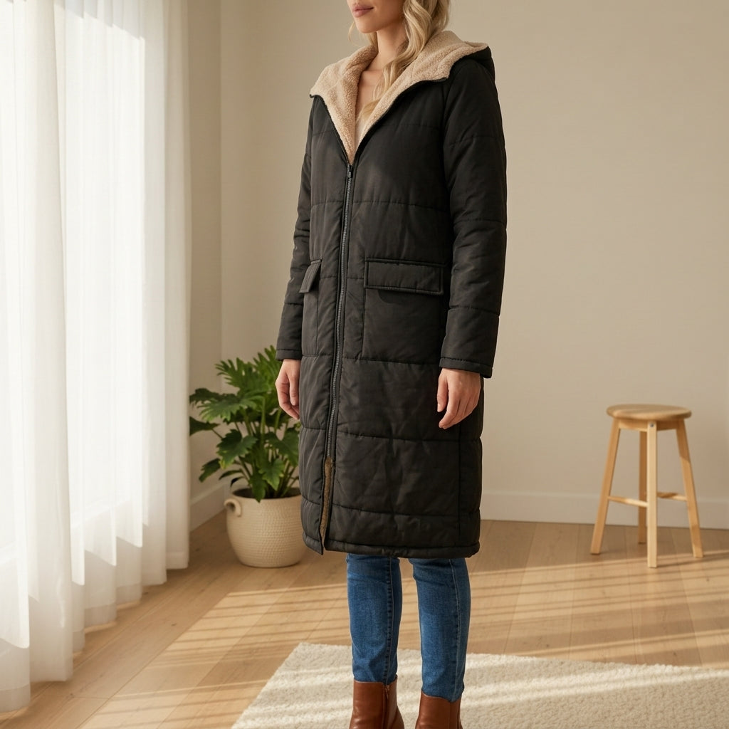 Women's Long Puffer Coat – Quilted Sherpa Hood