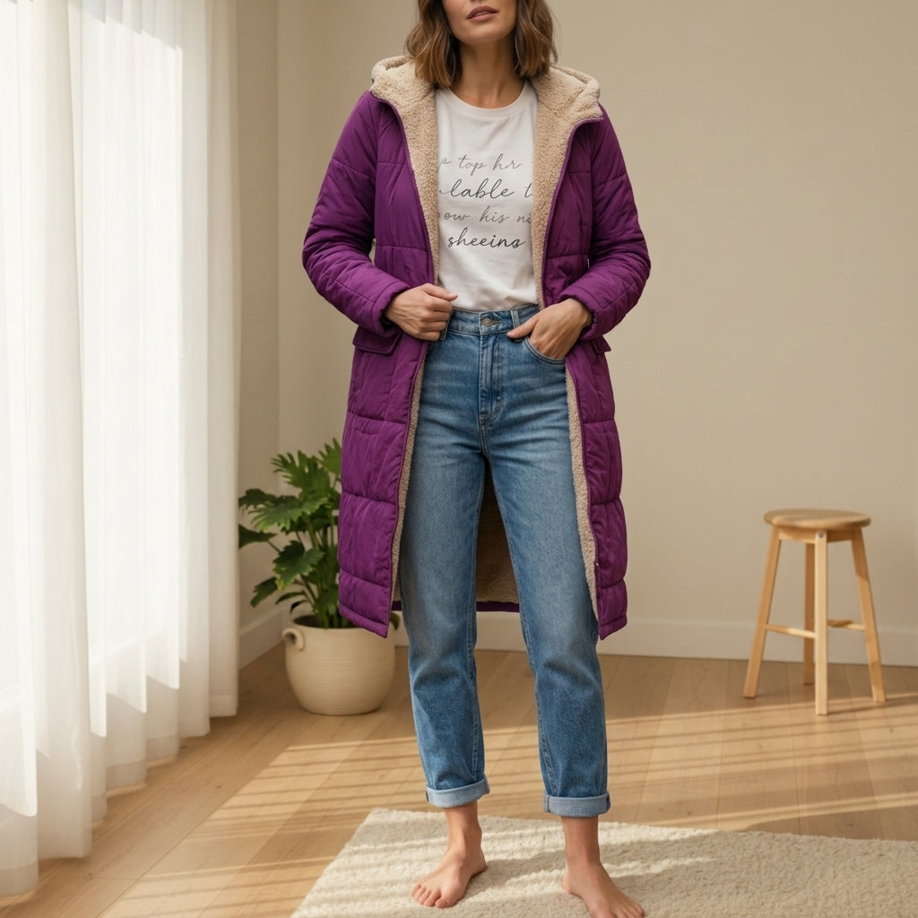 Women's Long Puffer Coat – Quilted Sherpa Hood