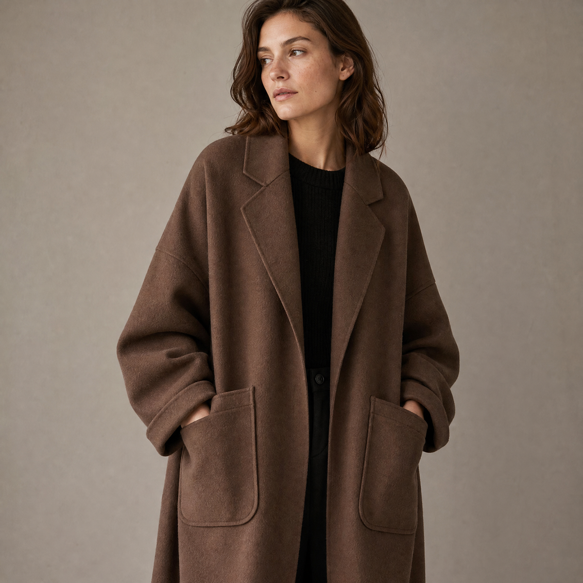 Women's Oversized Long Coat with Lapels and Patch Pockets