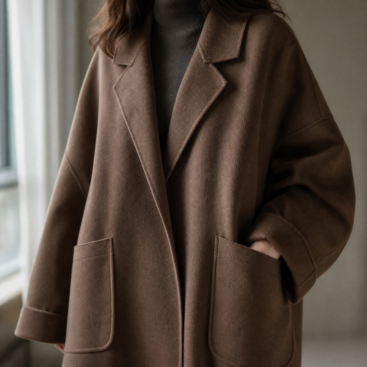 Women's Oversized Long Coat with Lapels and Patch Pockets