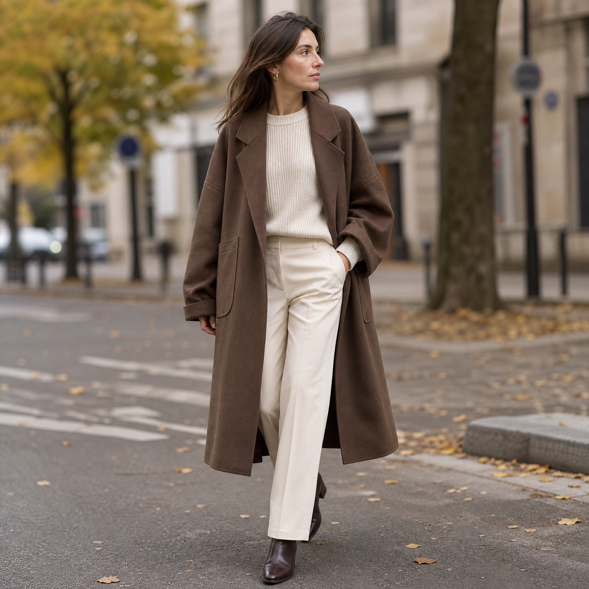 Women's Oversized Long Coat with Lapels and Patch Pockets
