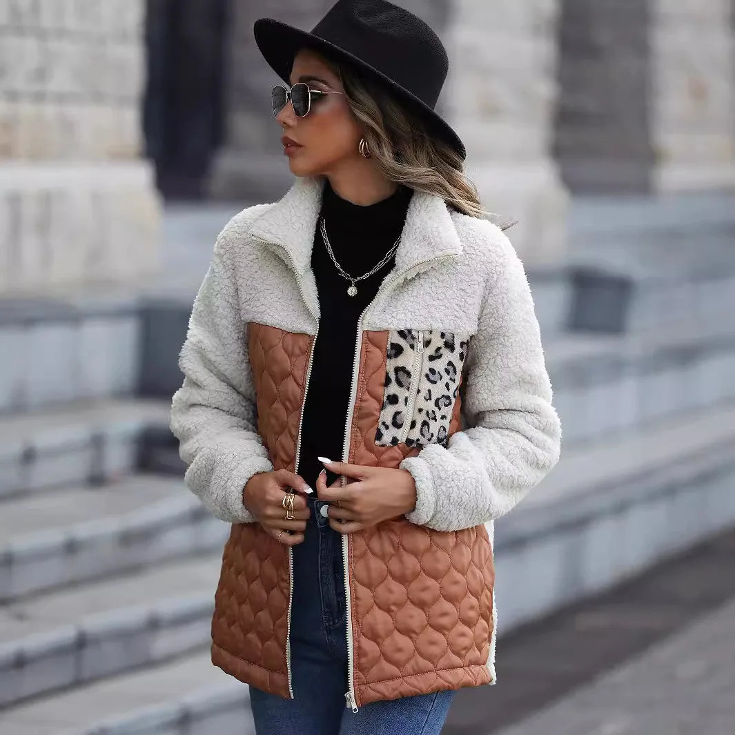 Women's Quilted Sherpa Jacket, Stand Collar - Feroce