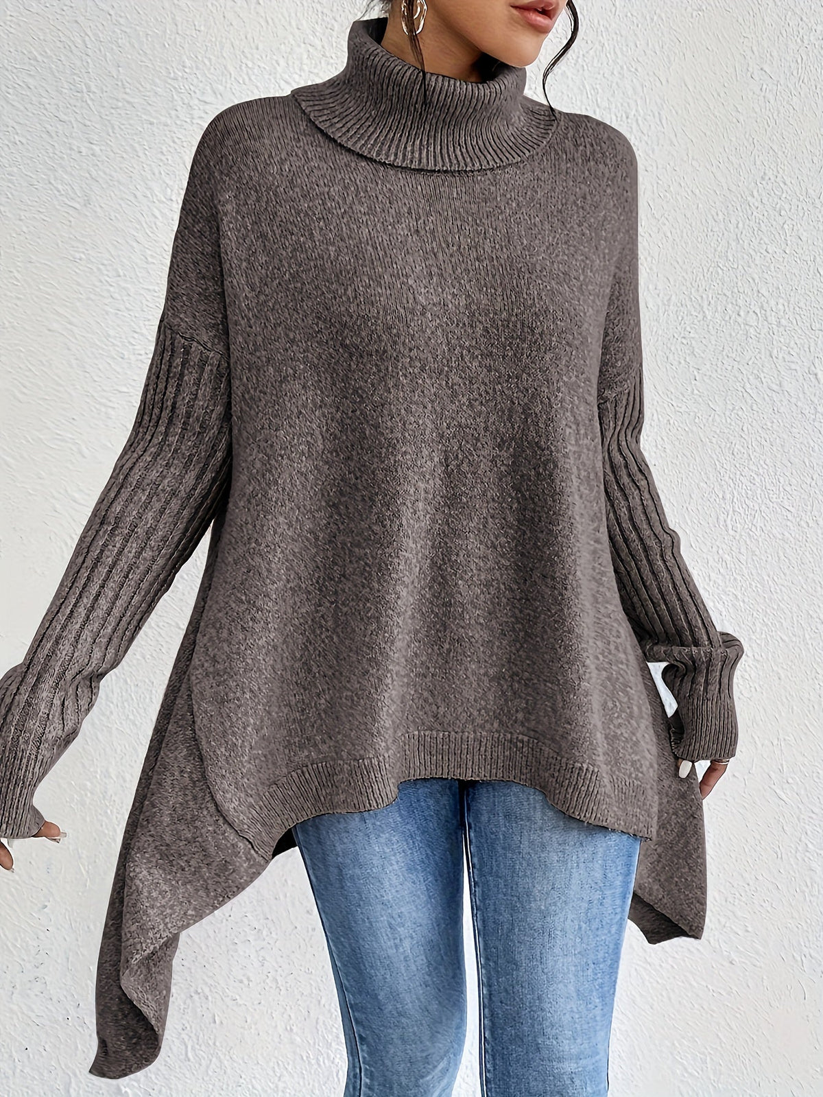Women's High Neck Sweater, Relaxed Fit and Asymmetric Hem - Audrey