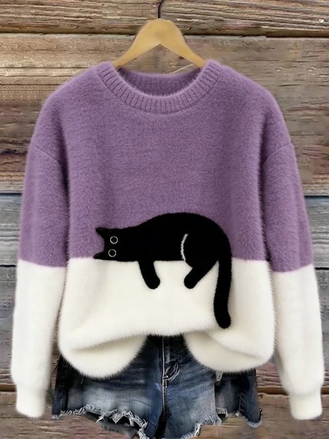 Women's Graphic Sweater, Cat Design and Color Block Knit - Caitlin