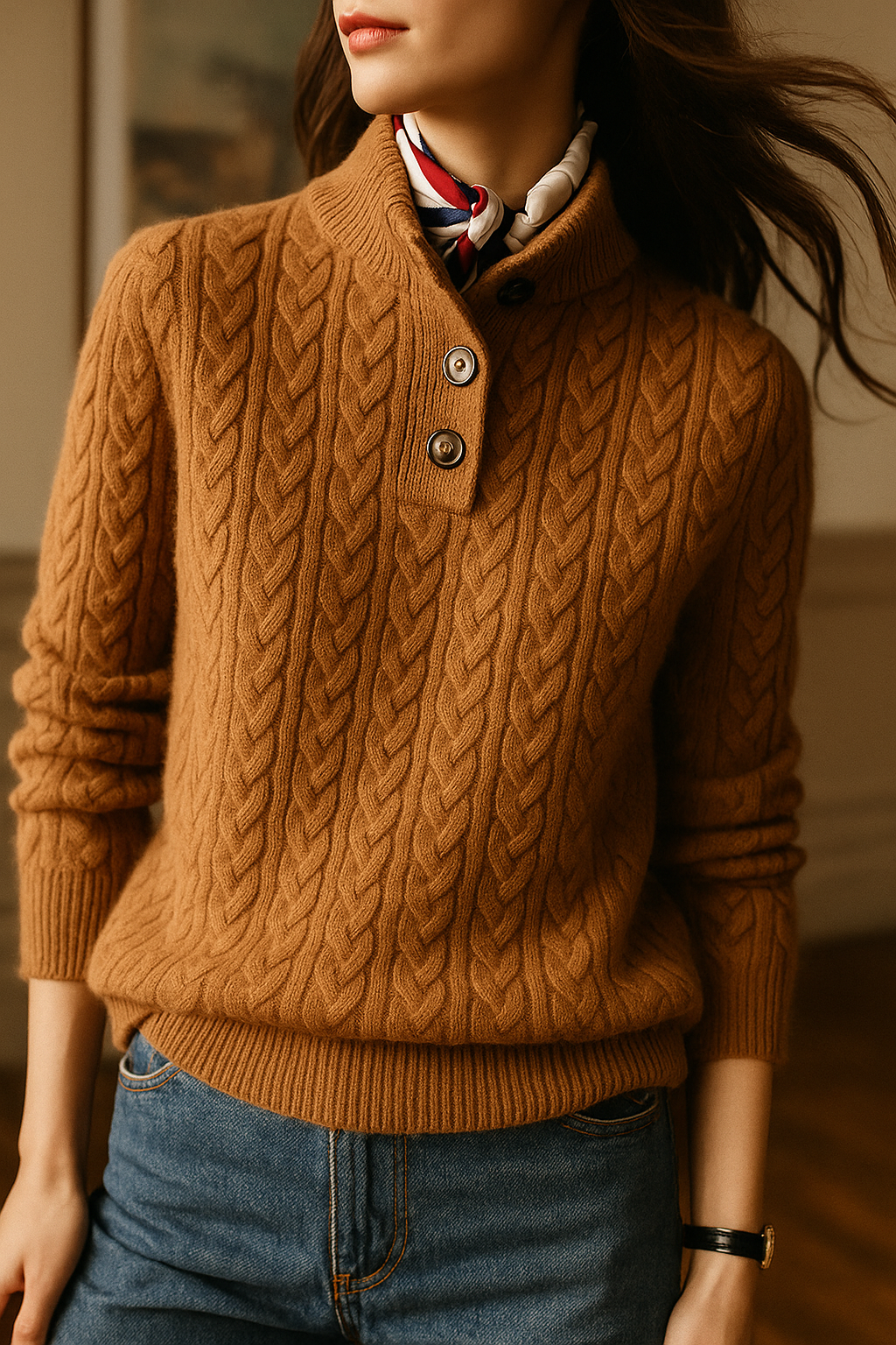 Wool Cashmere Blend Cable Knit Sweater, Button Collar - Arden
