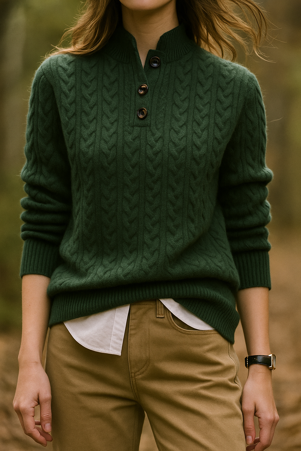 Wool Cashmere Blend Cable Knit Sweater, Button Collar - Arden