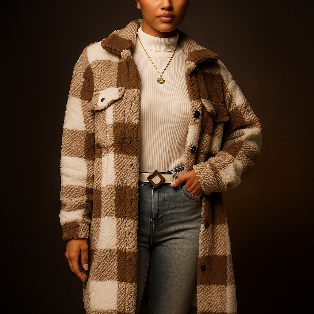 Checkerboard Fleece Coat, Relaxed Button-Front Fit - Chalet