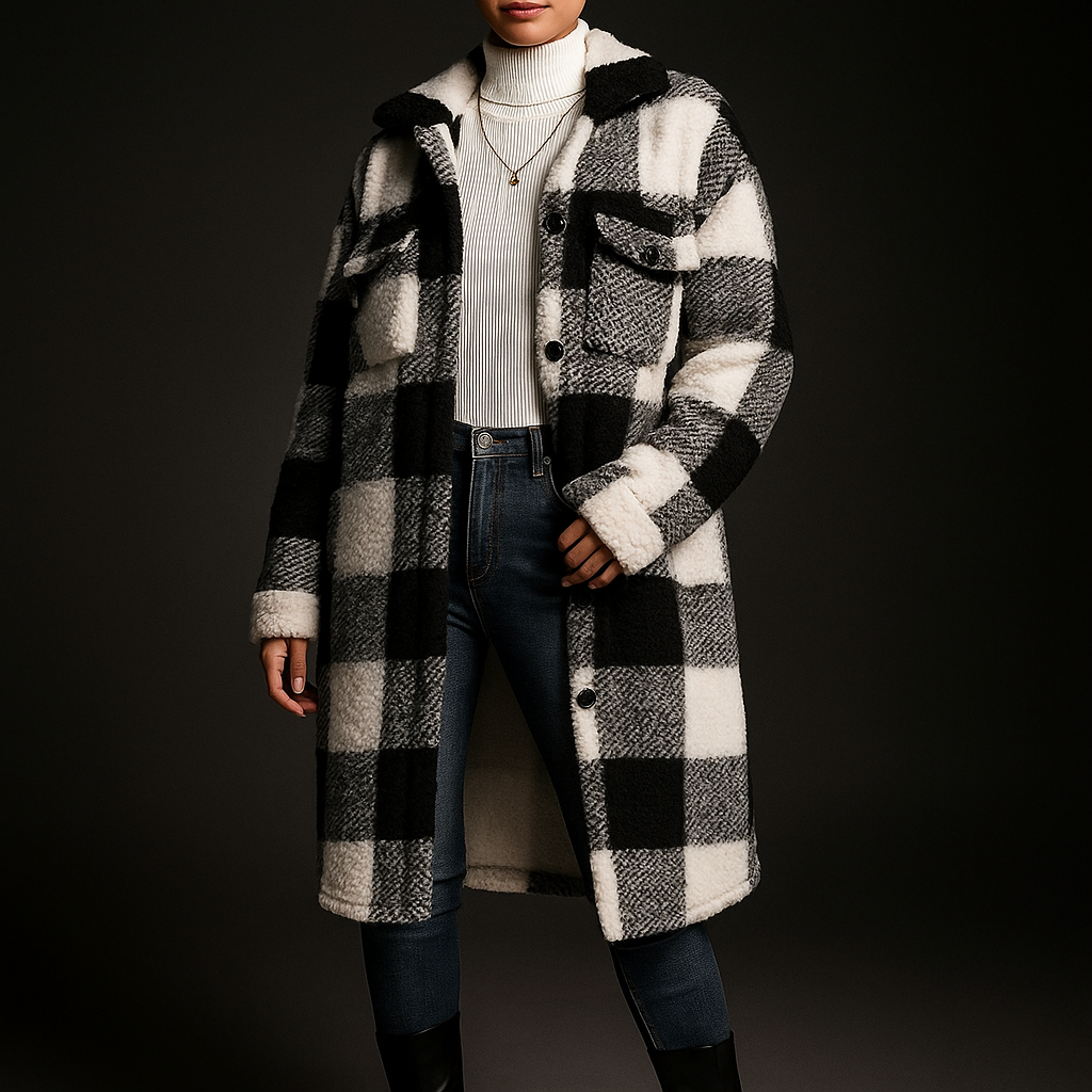 Checkerboard Fleece Coat, Relaxed Button-Front Fit - Chalet