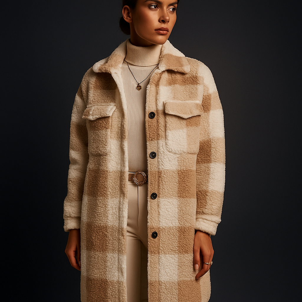 Checkerboard Fleece Coat, Relaxed Button-Front Fit - Chalet
