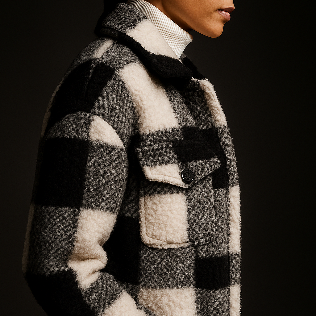 Checkerboard Fleece Coat, Relaxed Button-Front Fit - Chalet