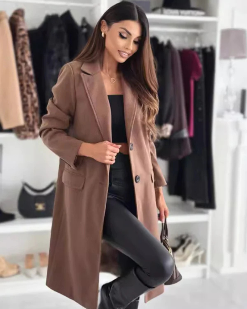 Women's Long Winter Coat – Single-Breasted Notch Lapel
