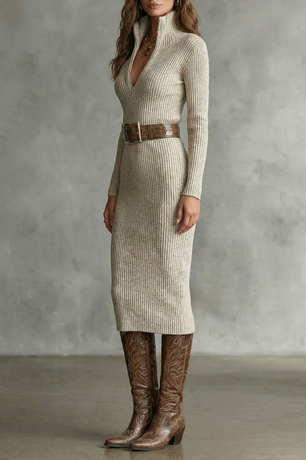 Women's Fitted Knit Midi Dress, Defined Waist - Valenore