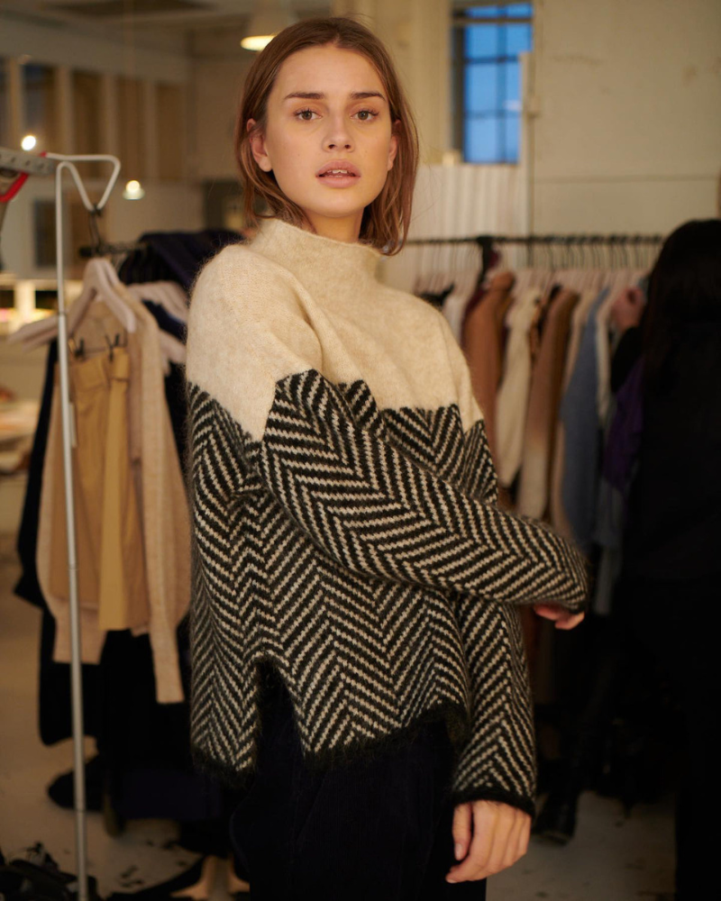 Women's Turtleneck Sweater, Cotton Herringbone Knit - Norah