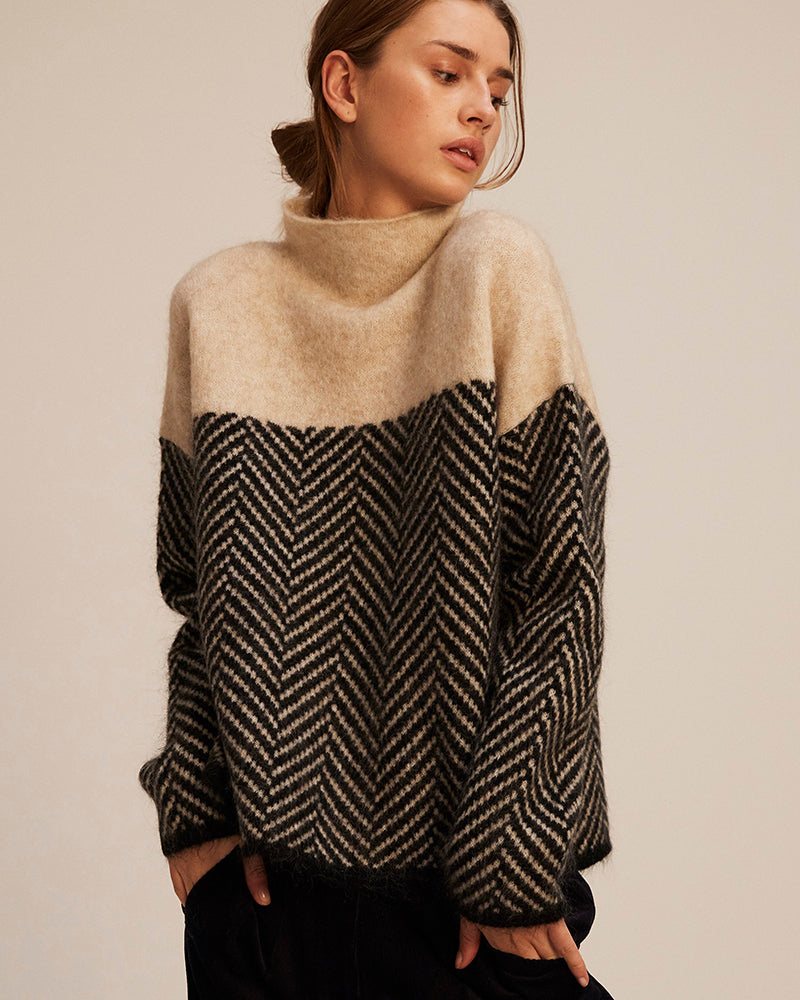 Women's Turtleneck Sweater, Cotton Herringbone Knit - Norah