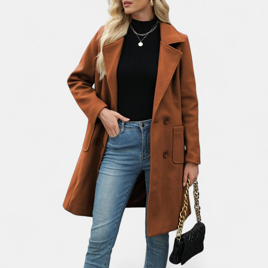 Women's Long Winter Coat – Double-Breasted Notch Lapel