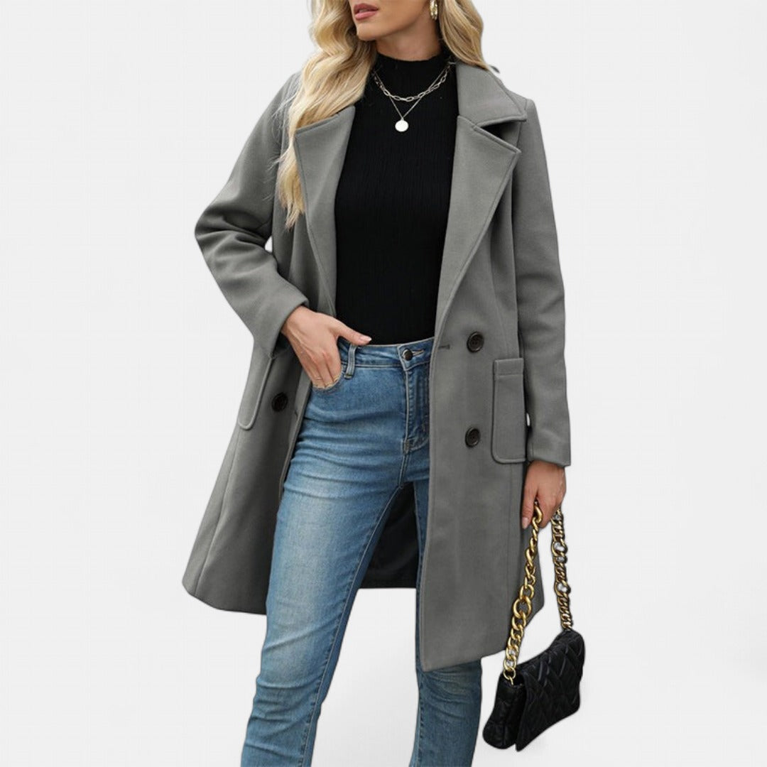 Women's Long Winter Coat – Double-Breasted Notch Lapel
