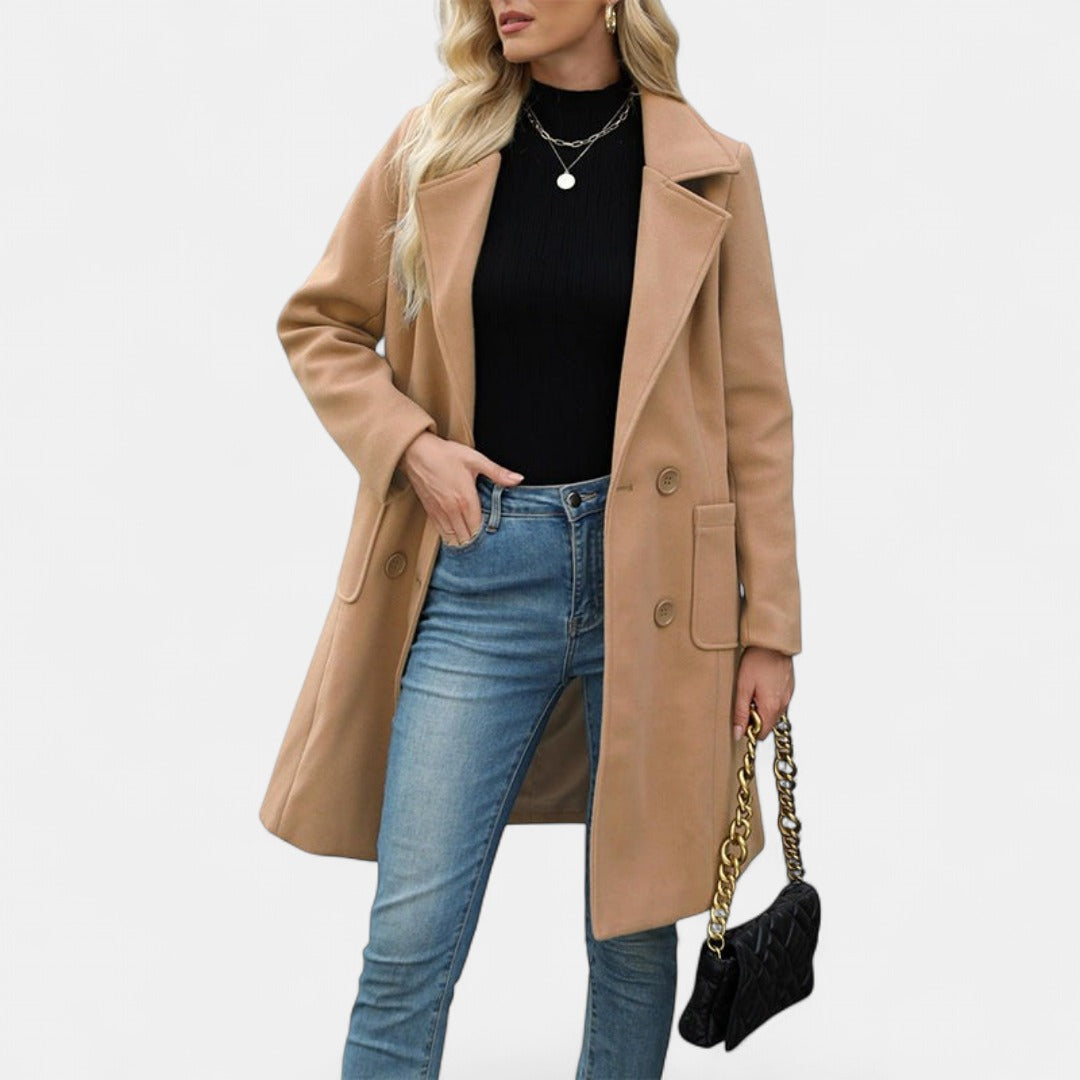Women's Long Winter Coat – Double-Breasted Notch Lapel