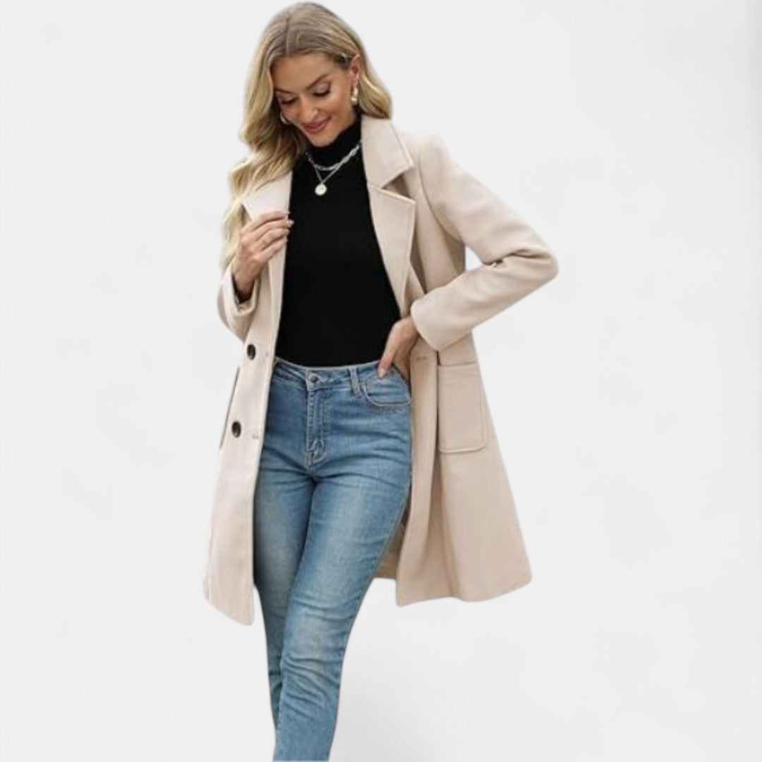 Women's Long Winter Coat – Double-Breasted Notch Lapel