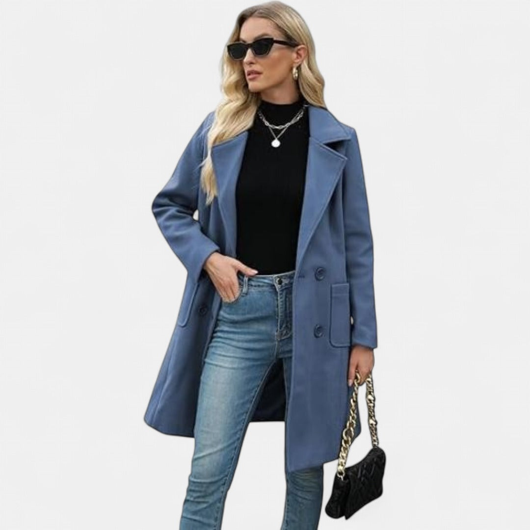Women's Long Winter Coat – Double-Breasted Notch Lapel