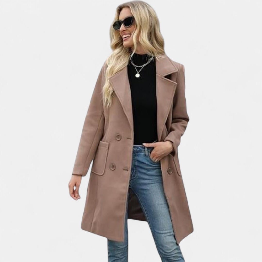 Women's Long Winter Coat – Double-Breasted Notch Lapel