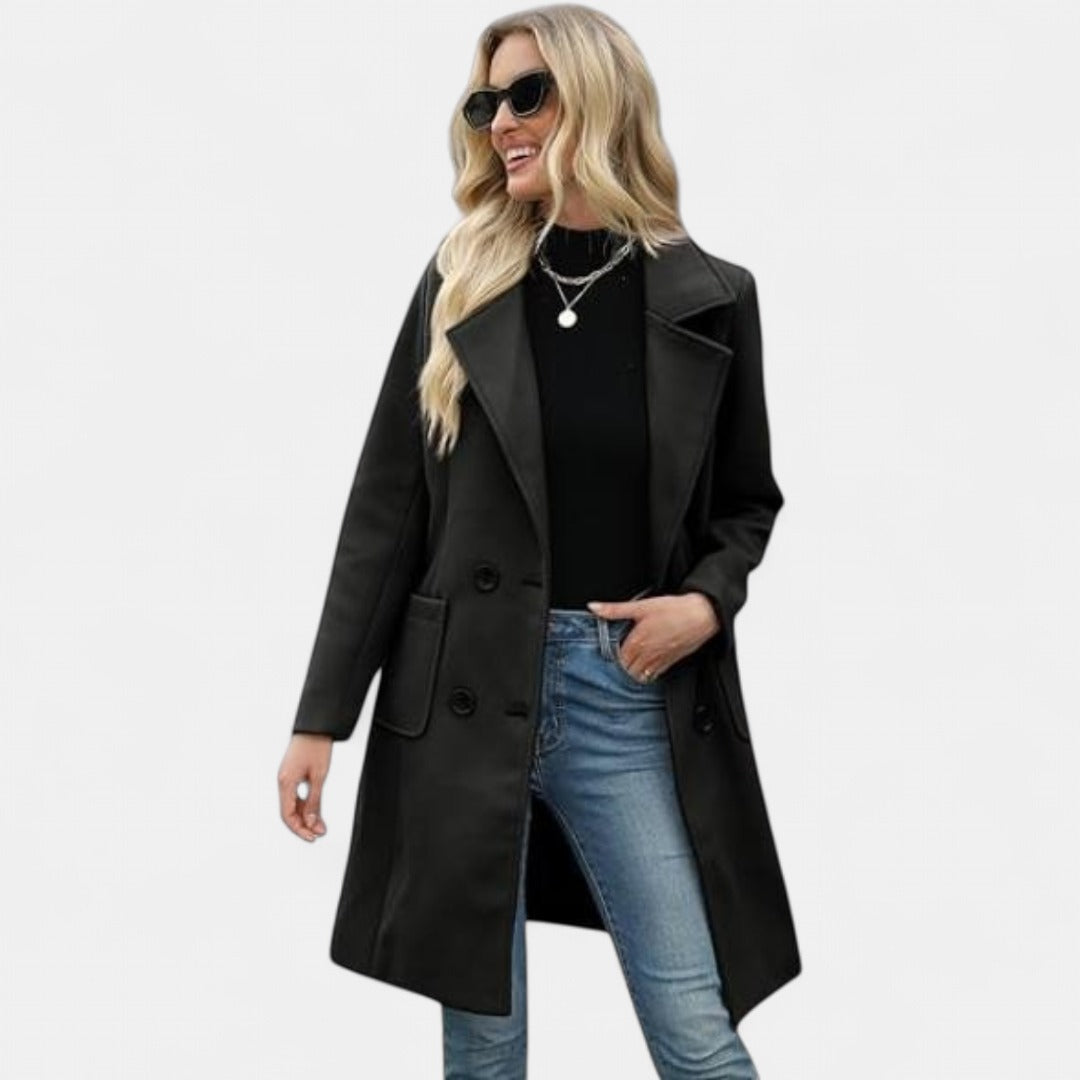 Women's Long Winter Coat – Double-Breasted Notch Lapel