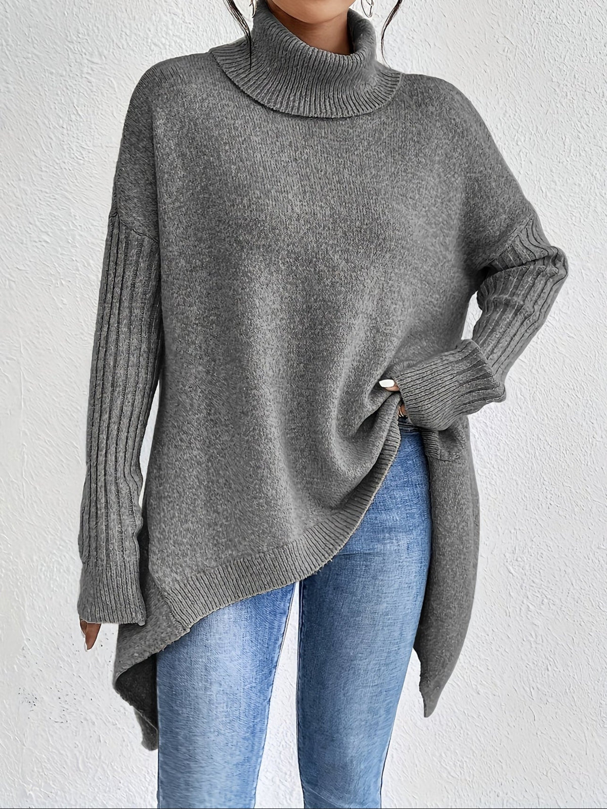 Women's High Neck Sweater, Relaxed Fit and Asymmetric Hem - Audrey