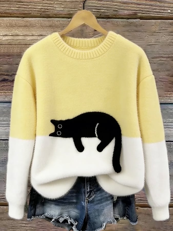 Women's Graphic Sweater, Cat Design and Color Block Knit - Caitlin