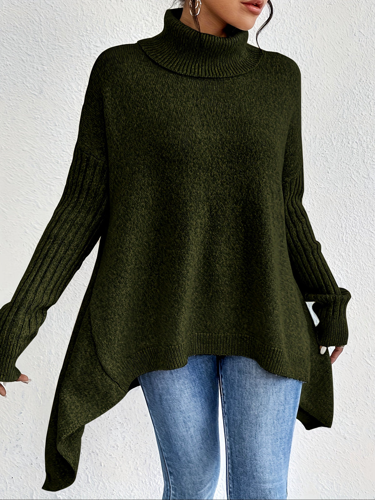 Women's High Neck Sweater, Relaxed Fit and Asymmetric Hem - Audrey