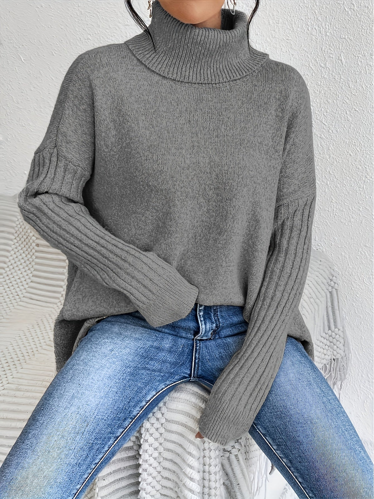 Women's High Neck Sweater, Relaxed Fit and Asymmetric Hem - Audrey