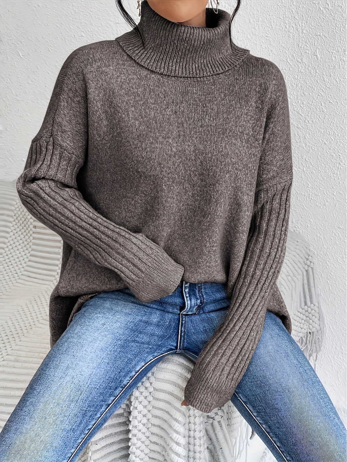 Women's High Neck Sweater, Relaxed Fit and Asymmetric Hem - Audrey