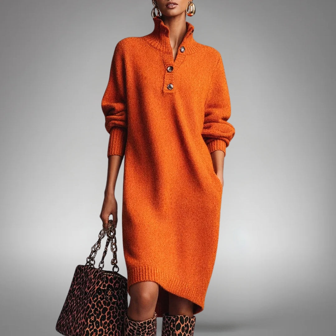 Women's Oversized Knit Midi Dress, Button Neck and Pockets