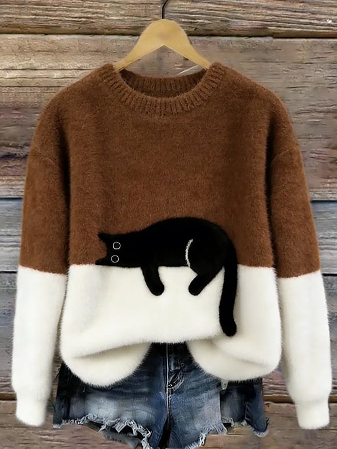 Women's Graphic Sweater, Cat Design and Color Block Knit - Caitlin
