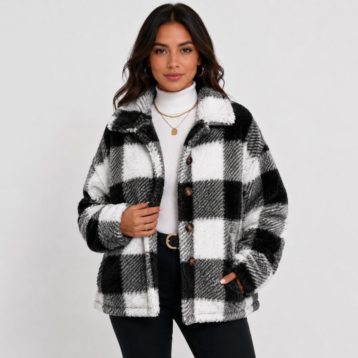 Women's Plaid Plush Jacket, Button Front - Montviro