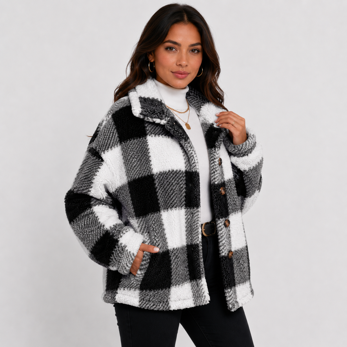 Women's Plaid Plush Jacket, Button Front - Montviro