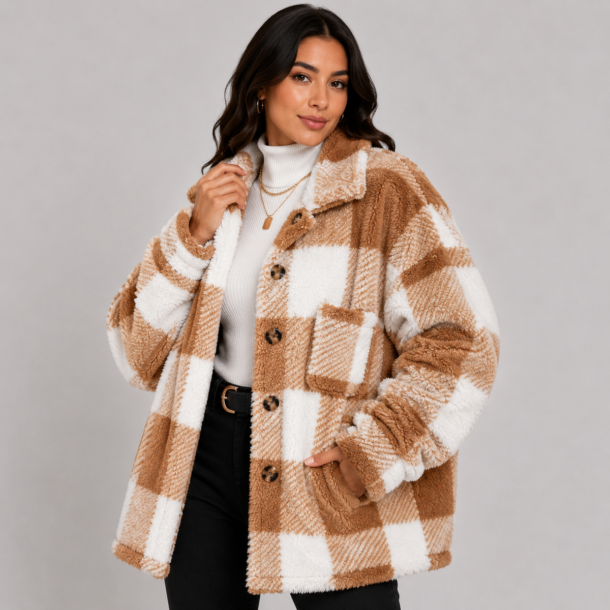 Women's Plaid Plush Jacket, Button Front - Montviro