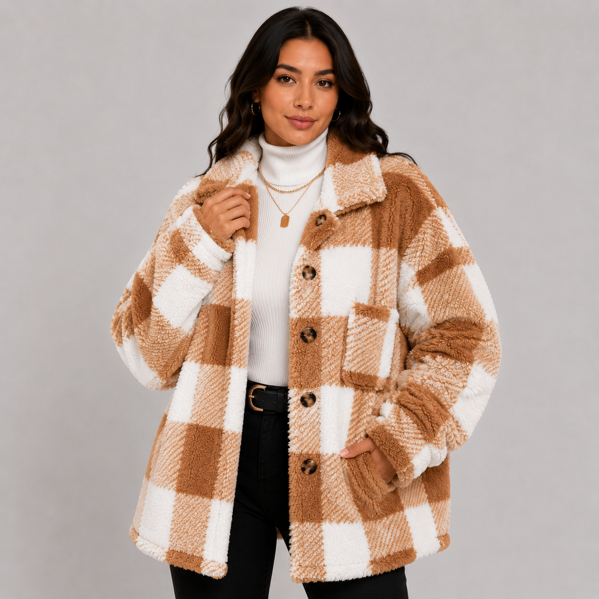 Women's Plaid Plush Jacket, Button Front - Montviro