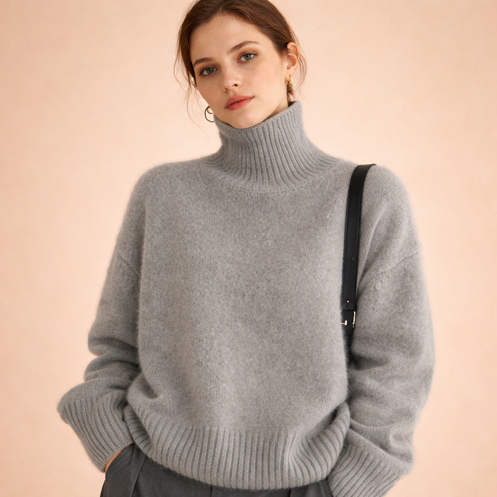 Women's Cashmere Turtleneck Sweater, Lightweight Fine Knit - Celeste
