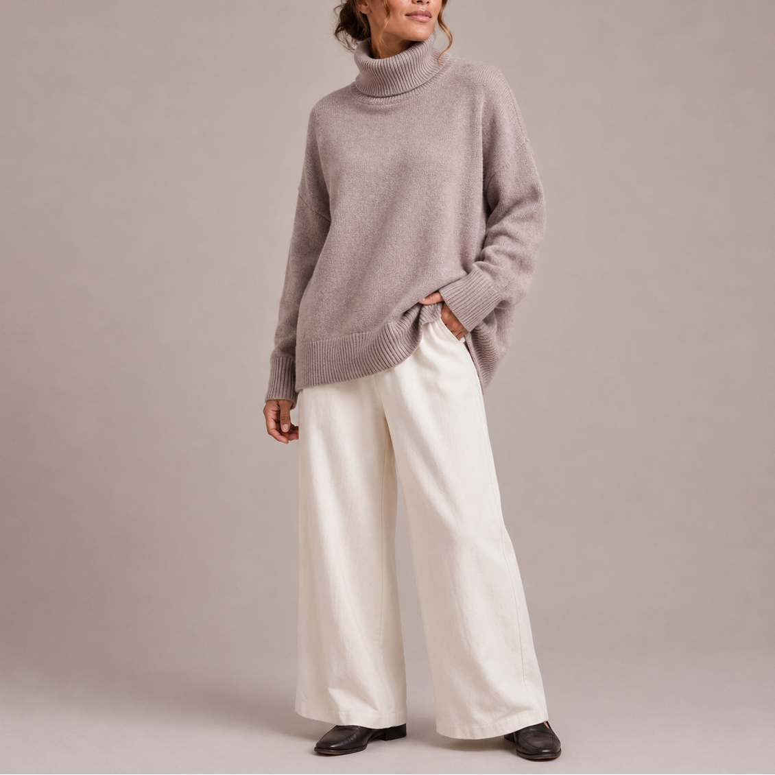 Women's Oversized Turtleneck Sweater, Drop Shoulder and Ribbed Trim