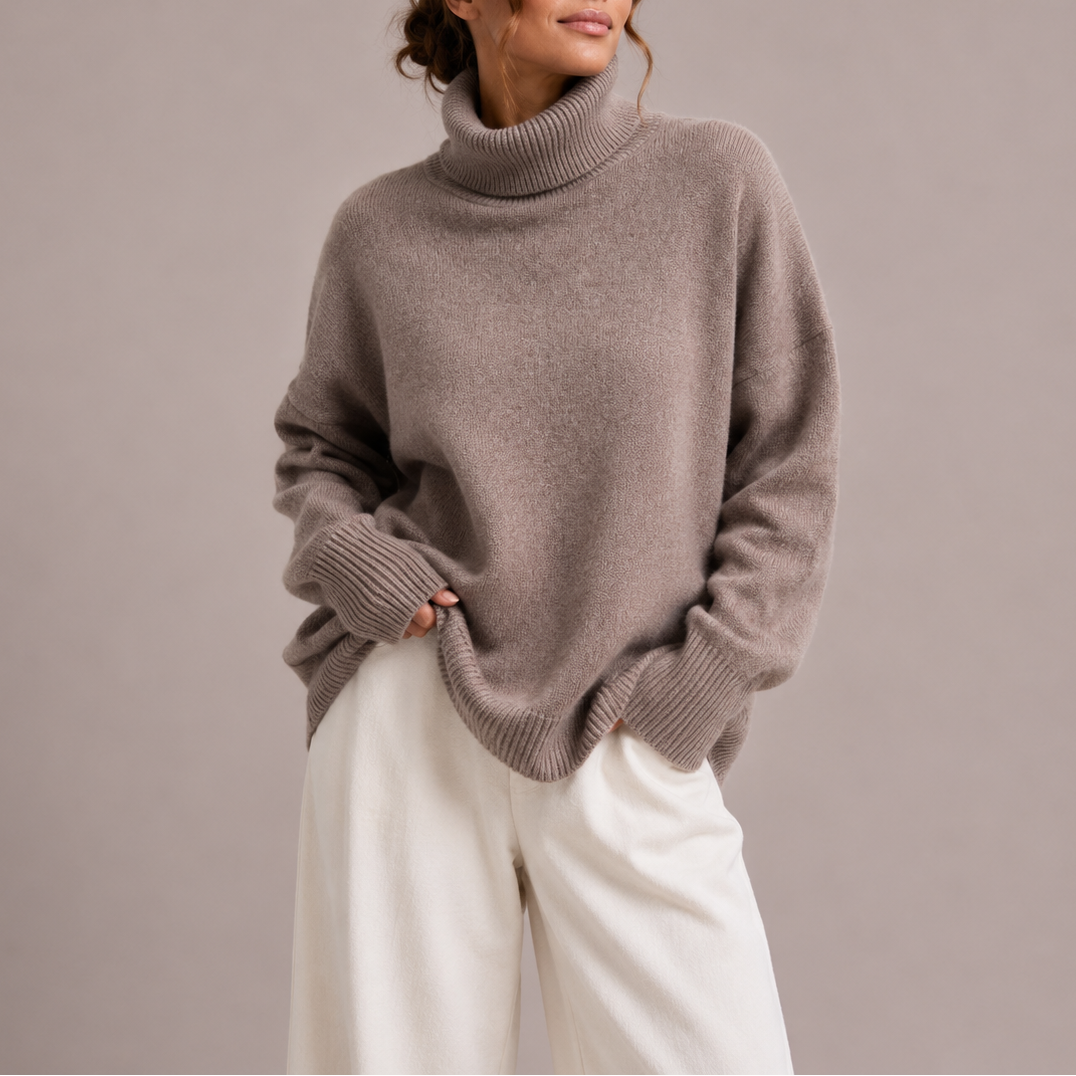 Women's Oversized Turtleneck Sweater, Drop Shoulder and Ribbed Trim