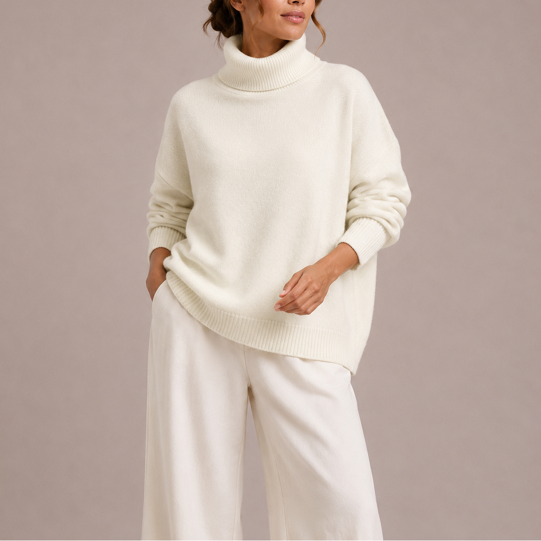 Women's Oversized Turtleneck Sweater, Drop Shoulder and Ribbed Trim