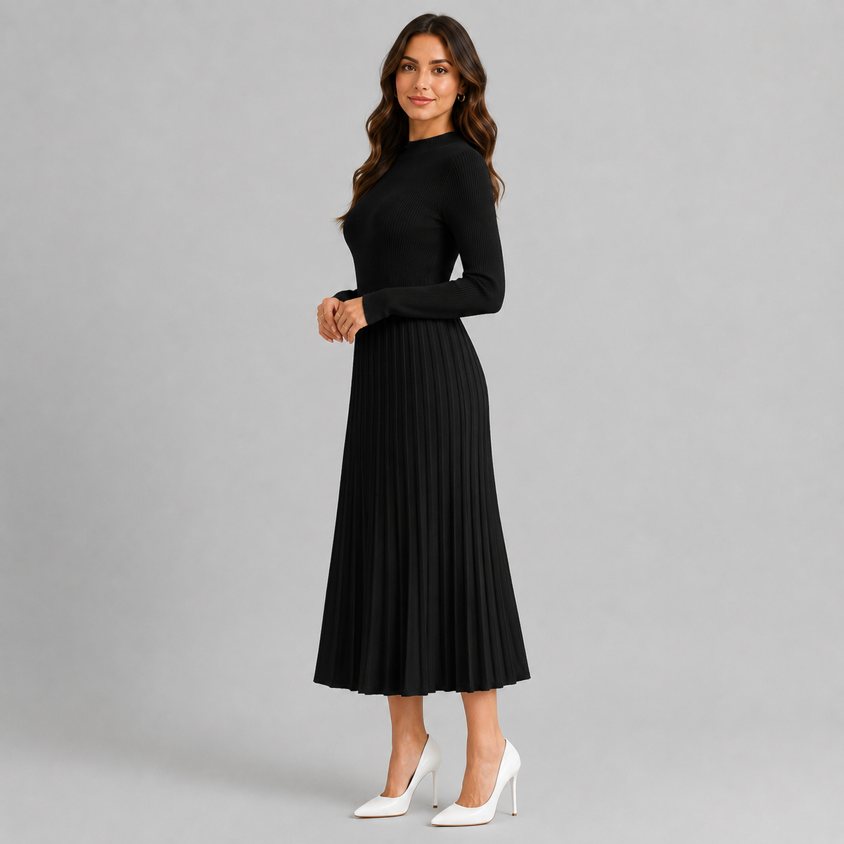 Women's High Neck Knit Midi Dress, Long Sleeves - Montarello