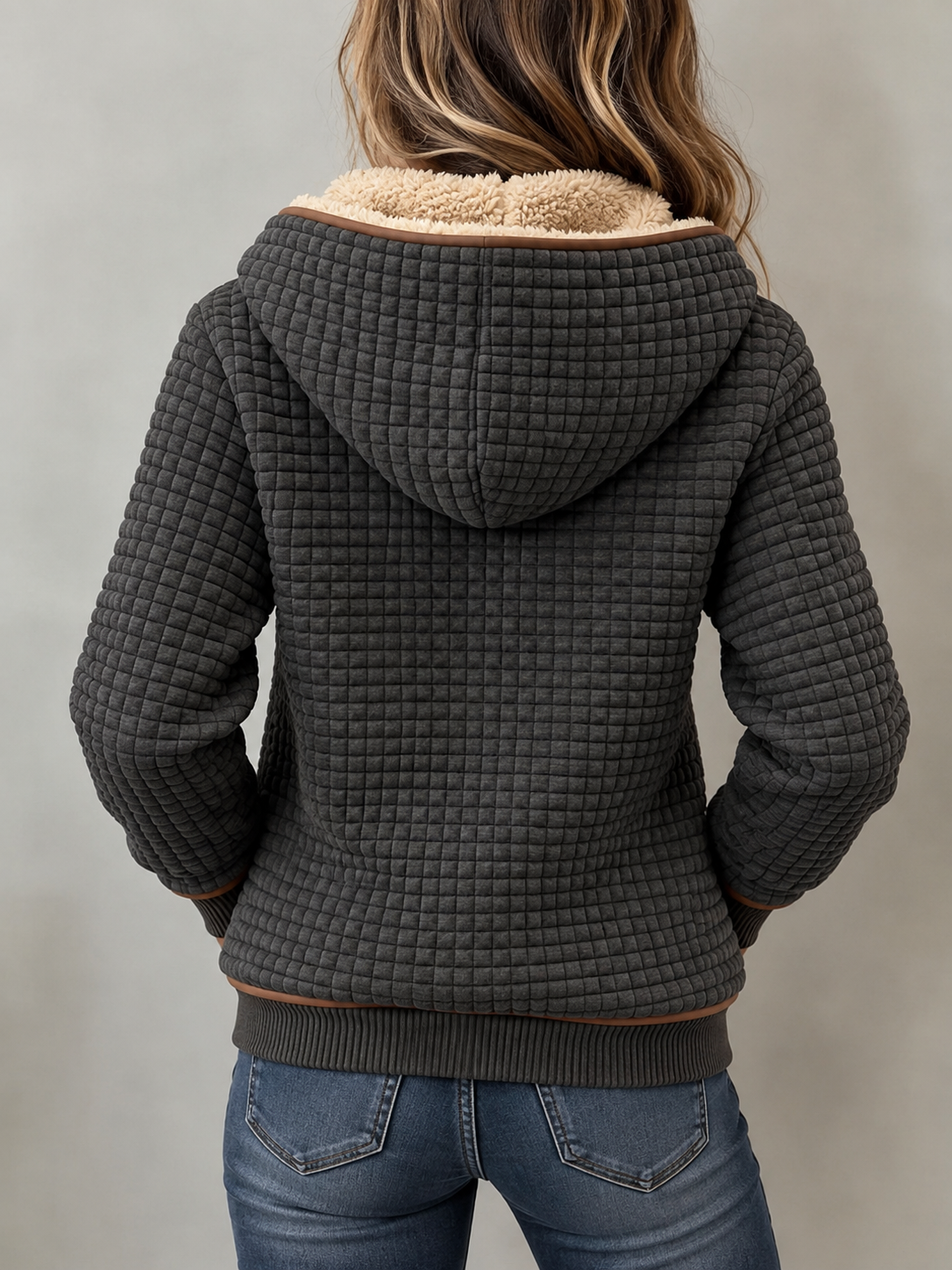 Warm Hooded Quilted Jacket with Sherpa Lining and Brown Contrast Trim