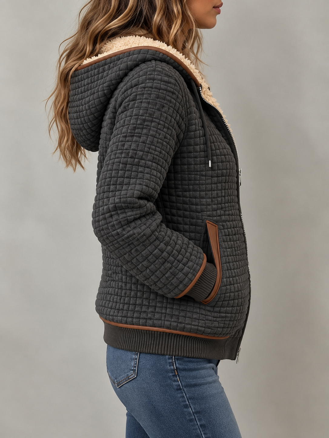 Warm Hooded Quilted Jacket with Sherpa Lining and Brown Contrast Trim