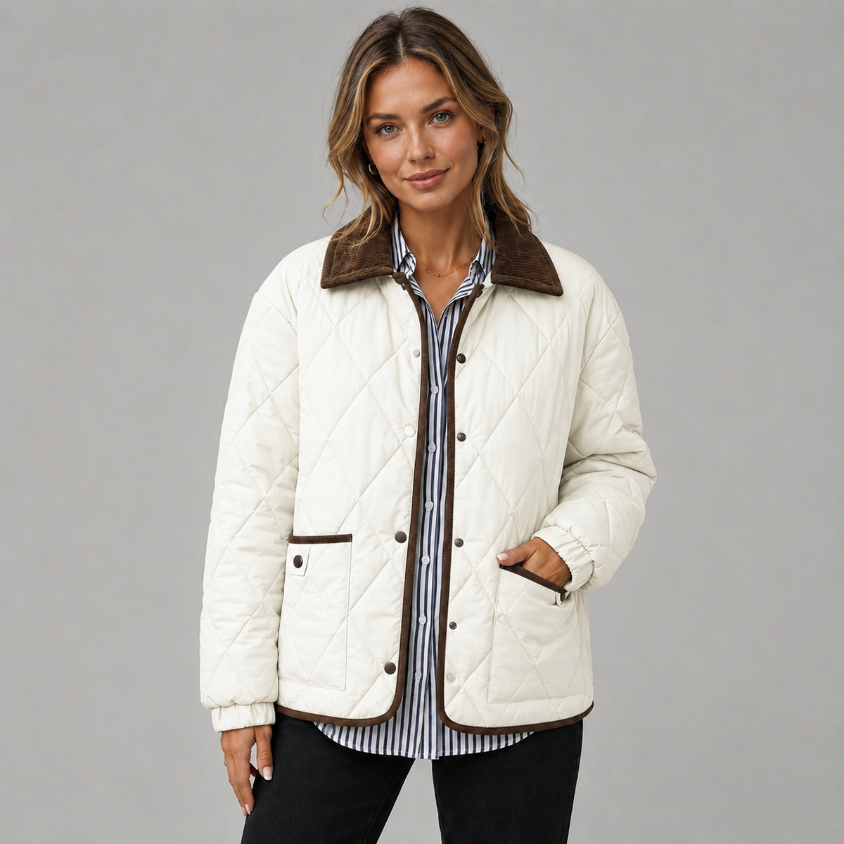 Women's Cropped Quilted Jacket, Contrast Collar - Merritt