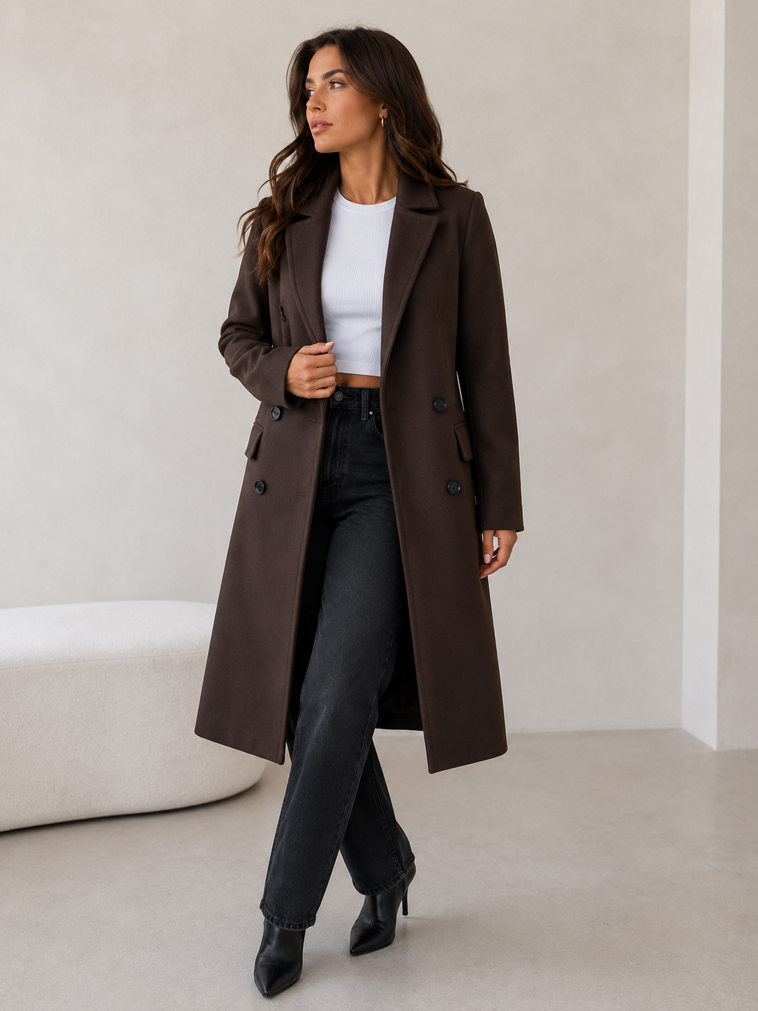Dark brown belted double-breasted long coat